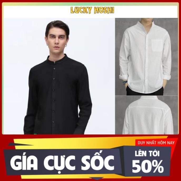 SIÊU SALE Áo sơ mi nam form rộng Cổ Trụ Cổ Tàu tay dài màu Trắng,Đen chuẩn form Hàn Quốc vải lụa mềm mịn SMD03