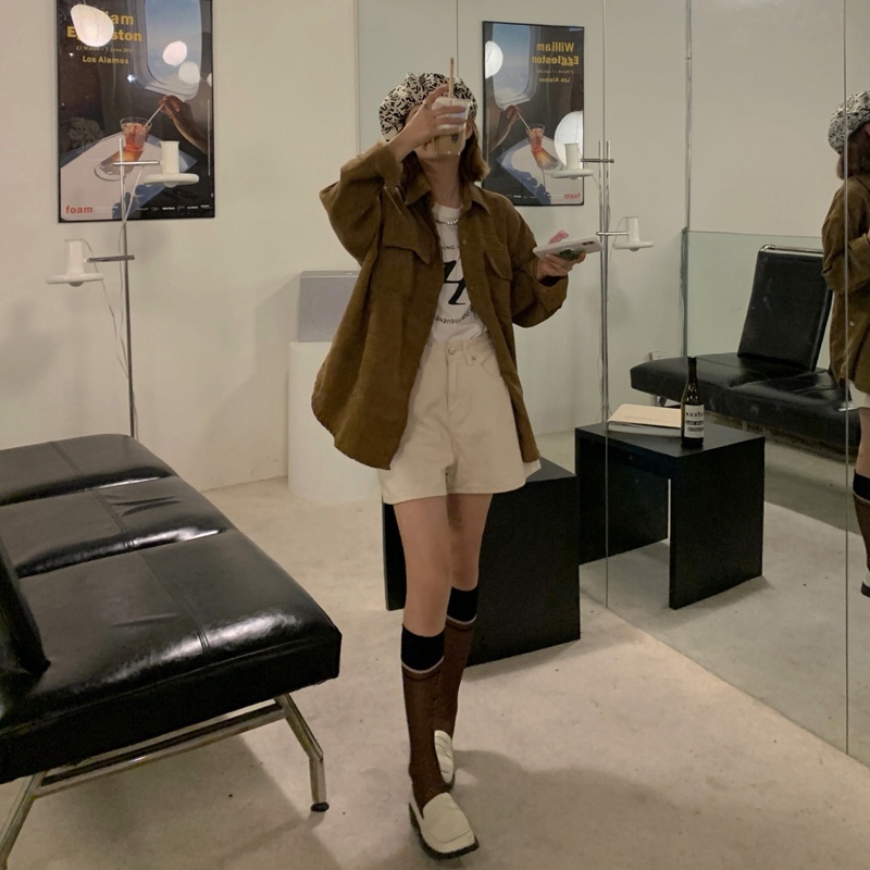 Áo khoác blazer SUXI dáng rộng chất liệu nhung kẻ phong cách retro thời trang cho nữ