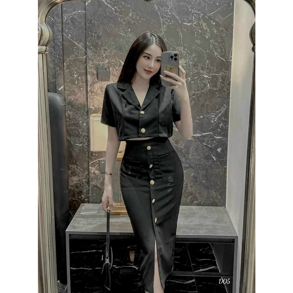 [Set váy sale sốc 50%] Set vá và váy đi dư tiệc sang trọng với áo croptop kiểu nữ kèm chân váy midi có khuy gài