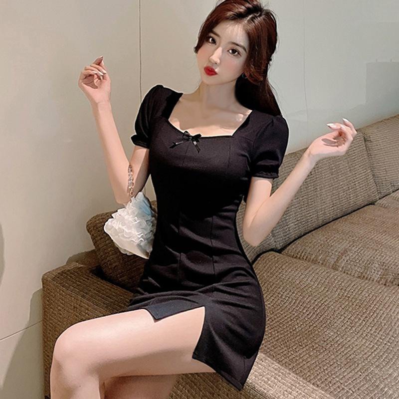 Đầm Tay Phồng Cổ Vuông Màu Sắc Đơn Giản Phong Cách Retro Pháp Thời Trang Mùa Hè
