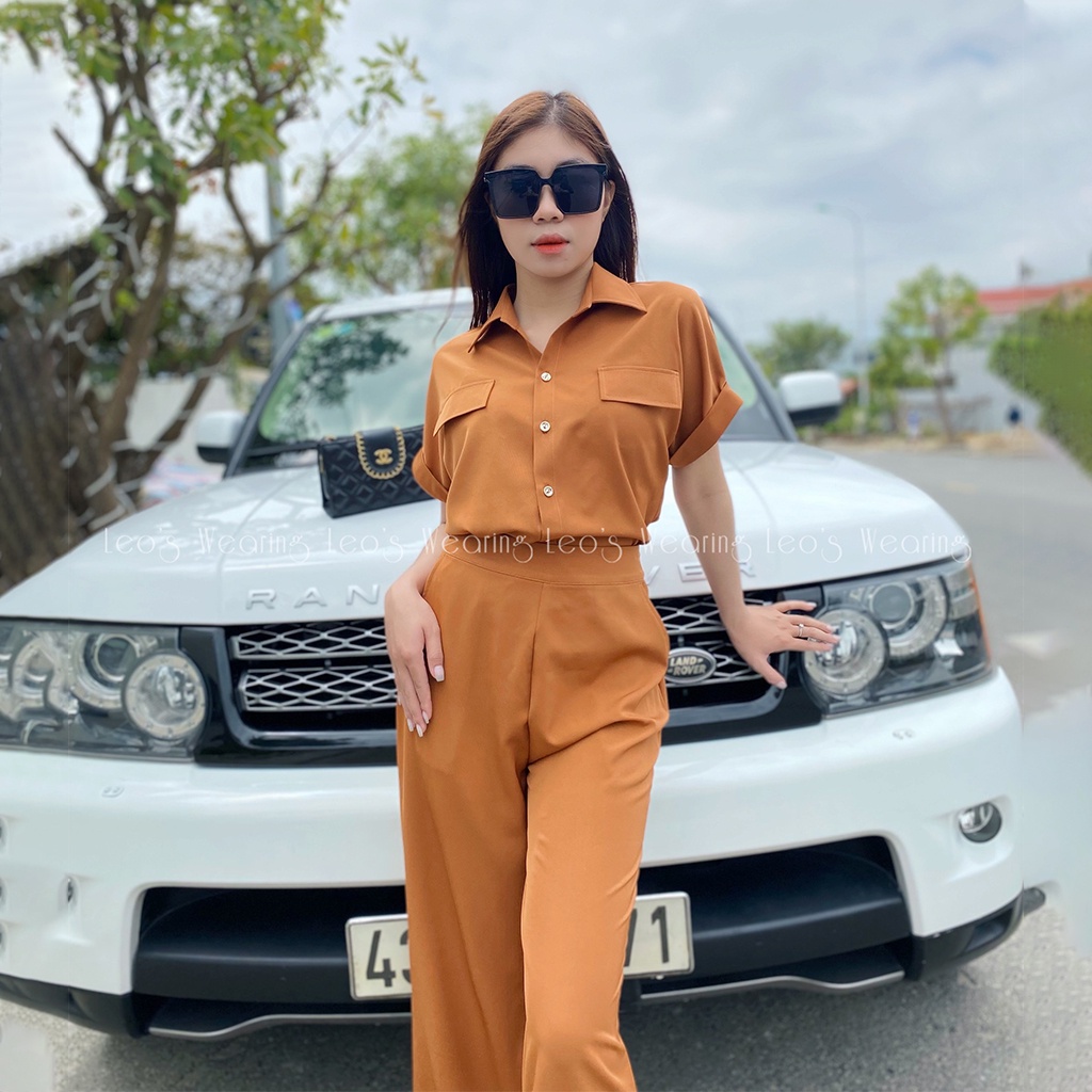 Bộ đồ nữ quần dài ống suông mix áo sơ mi cộc tay sang chảnh LEOSWEARING Thiết kế mặc công sở dạo phố hằng ngày K19