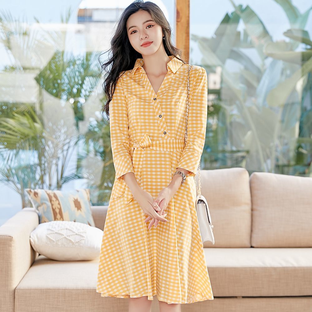2020 new autumn dress long sleeve Korean version simple slim fit mid long fashion Plaid Dress | BigBuy360 - bigbuy360.vn
