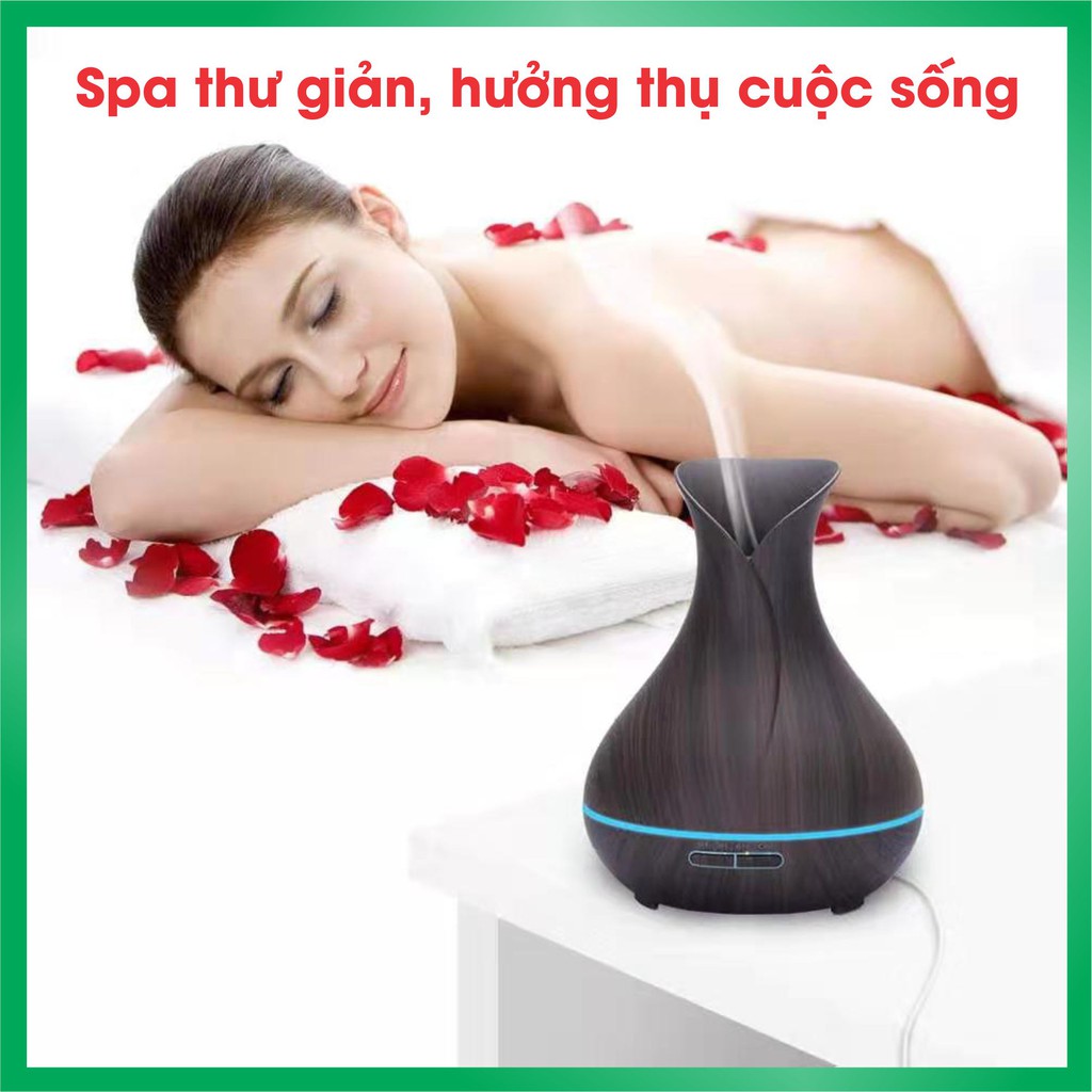 Máy khuếch tán tinh dầu hình hoa Tulip, dung tích 400ml, có đèn led đổi màu, tặng kèm chai tinh dầu sả chanh 10 ml