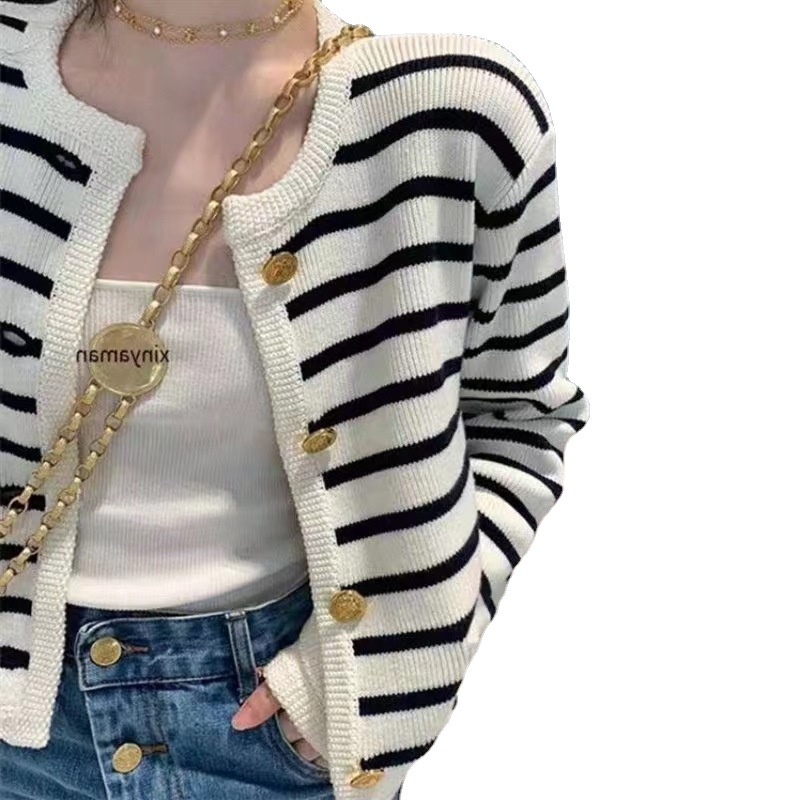 Áo Khoác Len cardigan Cổ Tròn Dáng Rộng Họa Tiết Kẻ Sọc Thời Trang Mùa Thu Hàn Quốc 2022