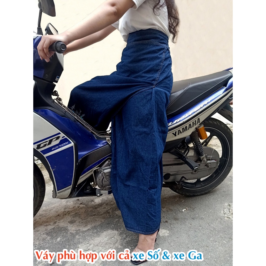 Váy chống nắng Xẻ tà JEANS vải dày mềm có Nút bấm chân tiện lợi thêu Bông lúa H&amp;T Fashion