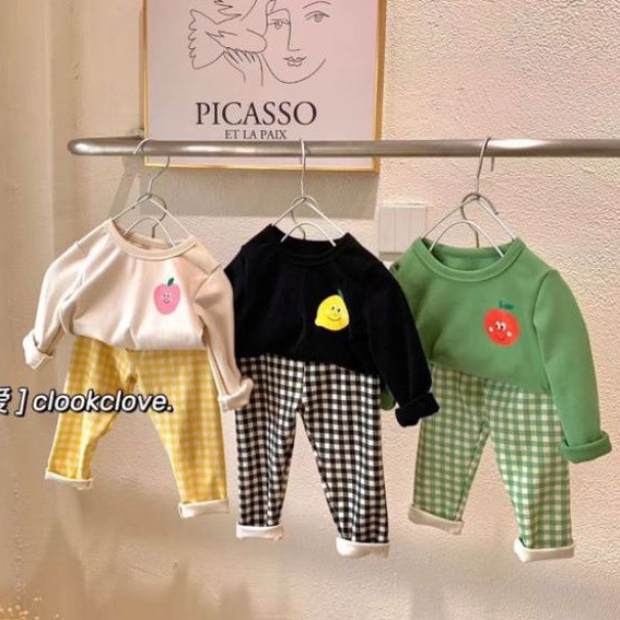 Bộ cotton dài tay Hoa quả quần kẻ cho bé