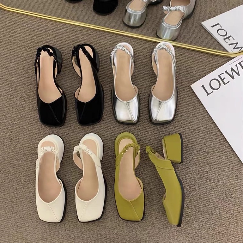 Giày cao gót phong cách retro Pháp đầu vuông dây co dãn dễ đi