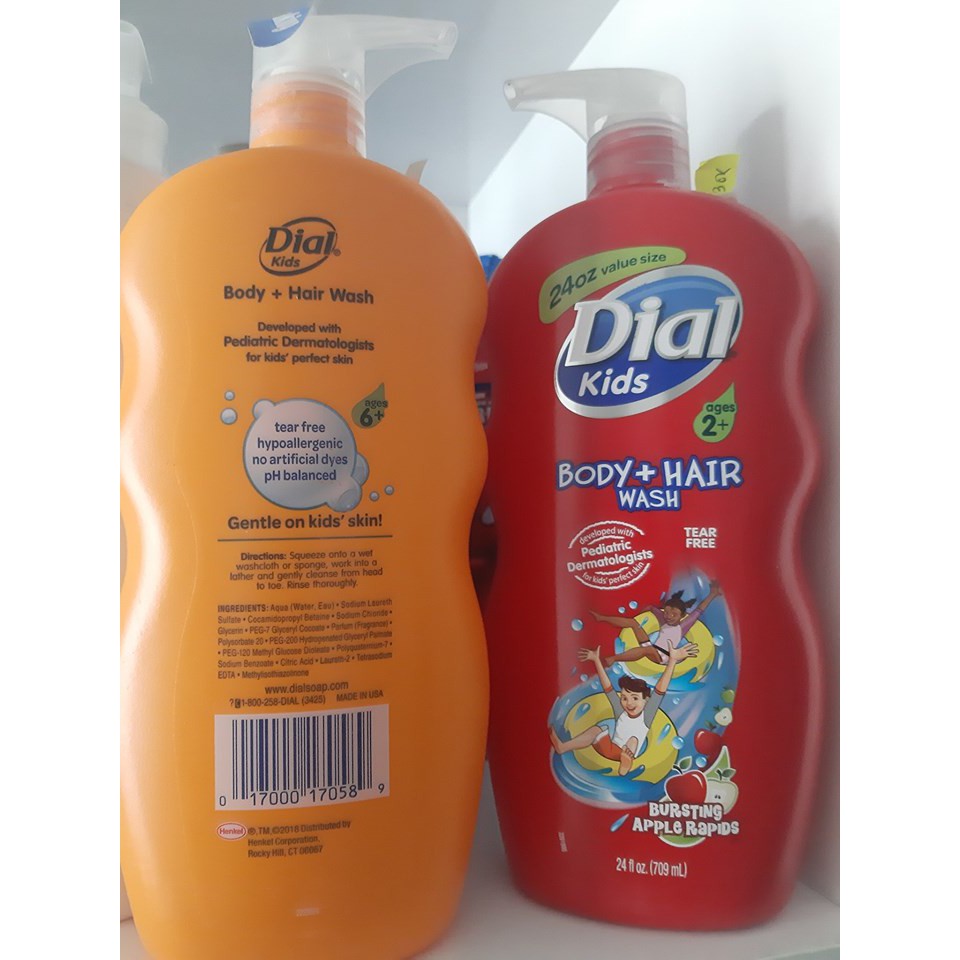 DẦU TẮM GỘI XÃ MÙI ĐÀO / TÁO /  CAM CHO BÉ DIAL - KIDS BODY + HAIR WASH  24 OUNCE 709ML  TỪ MỸ