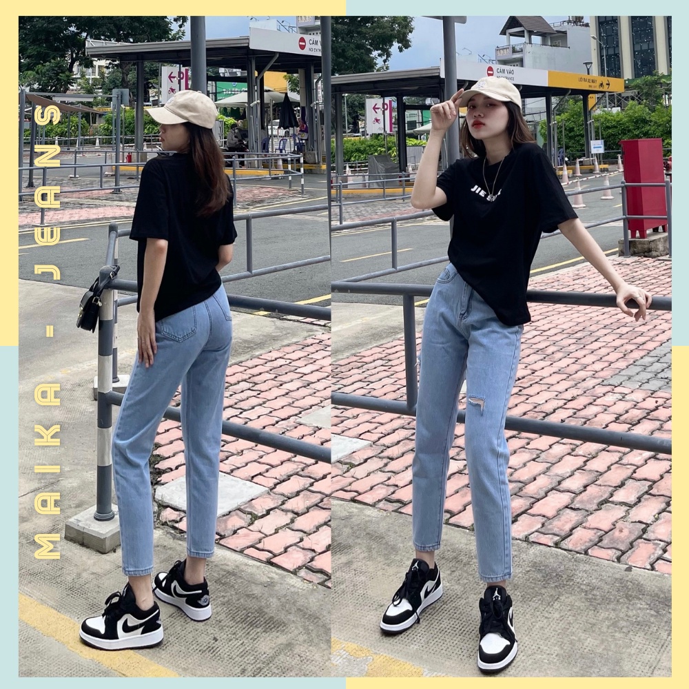(Freeship) Quần Jeans Nữ Baggy Cạp Cao Siêu Tôn Dáng Rách Hông Và Đùi Lai Quân Cắt Gấu (Hình thật shop chụp) | BigBuy360 - bigbuy360.vn