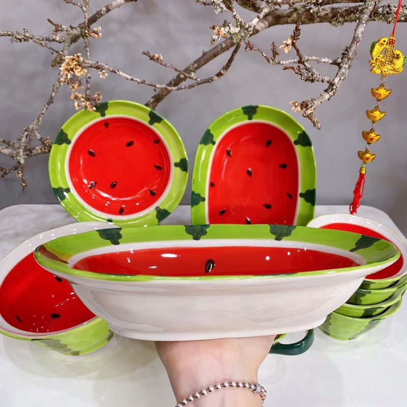 Bộ bát đĩa gốm sứ decor dưa hấu siêu đẹp