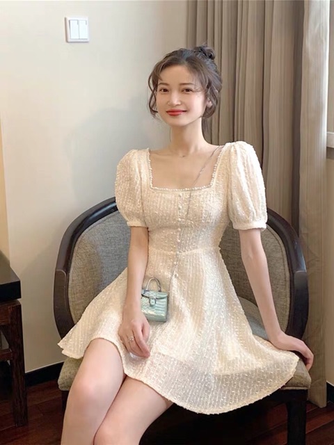 Đầm tiểu thư cổ vuông vải dạ tweed / Đầm ulzzang tay phồng cổ vuông xoè ôm eo xoè