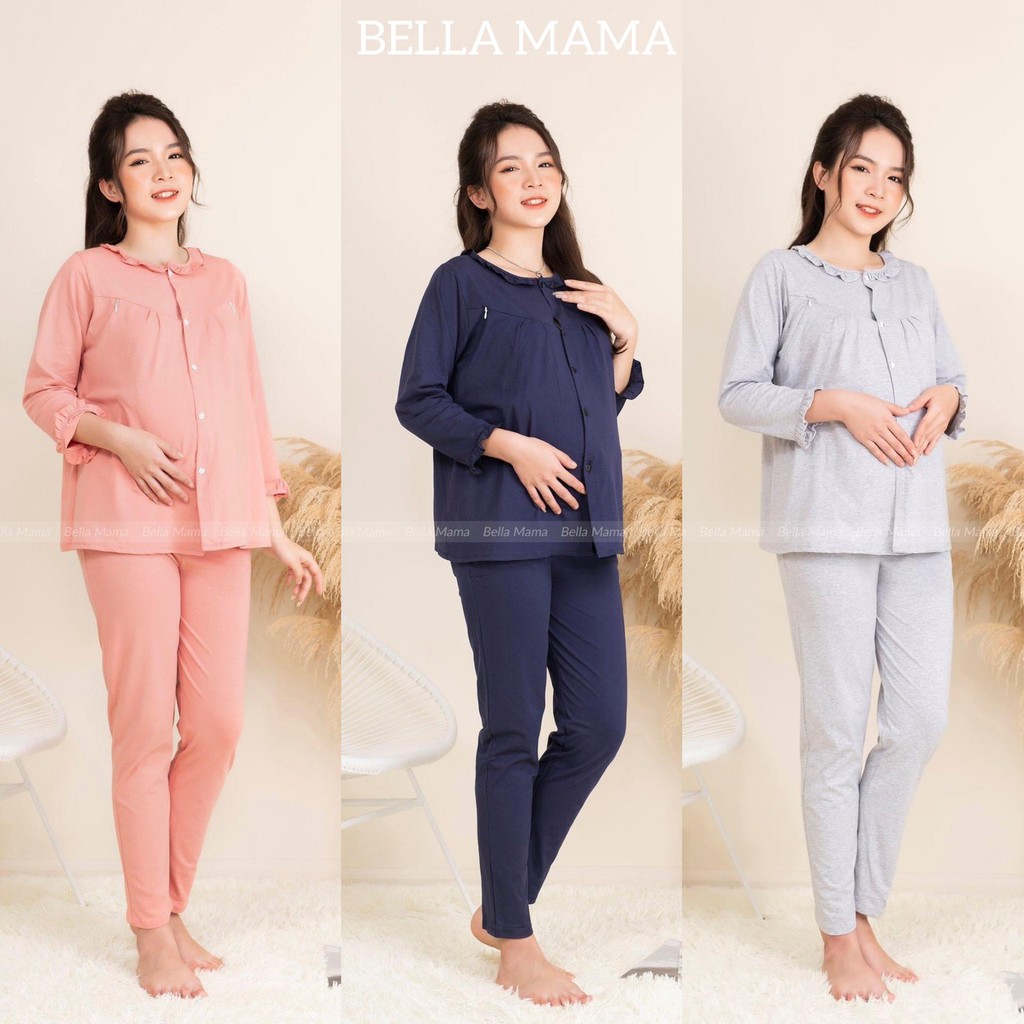 Bộ Bầu Mặc Nhà 100% Cotton Mềm Mại Mở Cúc, Đồ Bầu Sau Sinh Có Khóa Mở Cho Bú Và Chun Chỉnh Bụng Bella Mama - Bn2