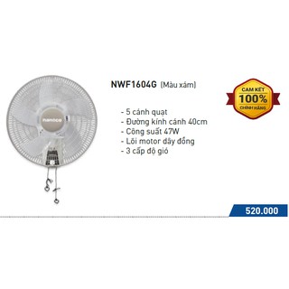 Quạt treo tường nanoco nwf1604g - màu xám