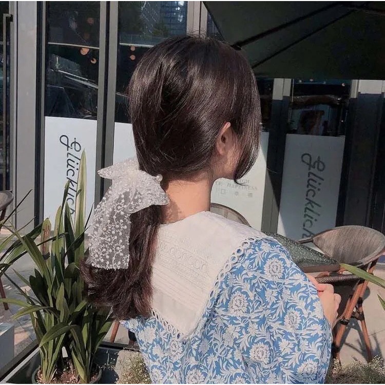 Dây Cột Tóc Nơ Ren Đính Ngọc Trai Lớn Kiểu Pháp Cổ Điển Cho Nữ