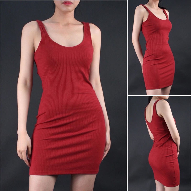 Đầm hai dây midi ôm body thun gân Sleeveless Ribbed Bodycon Dress  • Storenyy