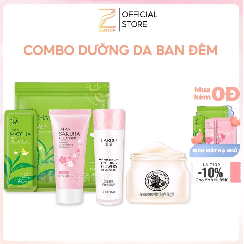 Bộ dưỡng da ban đêm cơ bản sữa rửa mặt toner kem dưỡng da giúp da ẩm mướt căng mịn trắng hồng Zentop