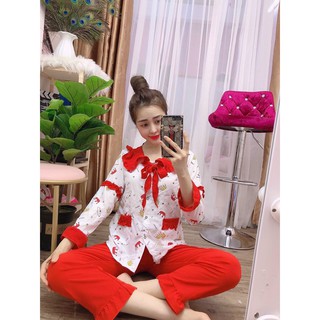 Bộ pijama đũi xốp tiểu thư cổ bèo, quần dài tay dài, 40 đến 59kg