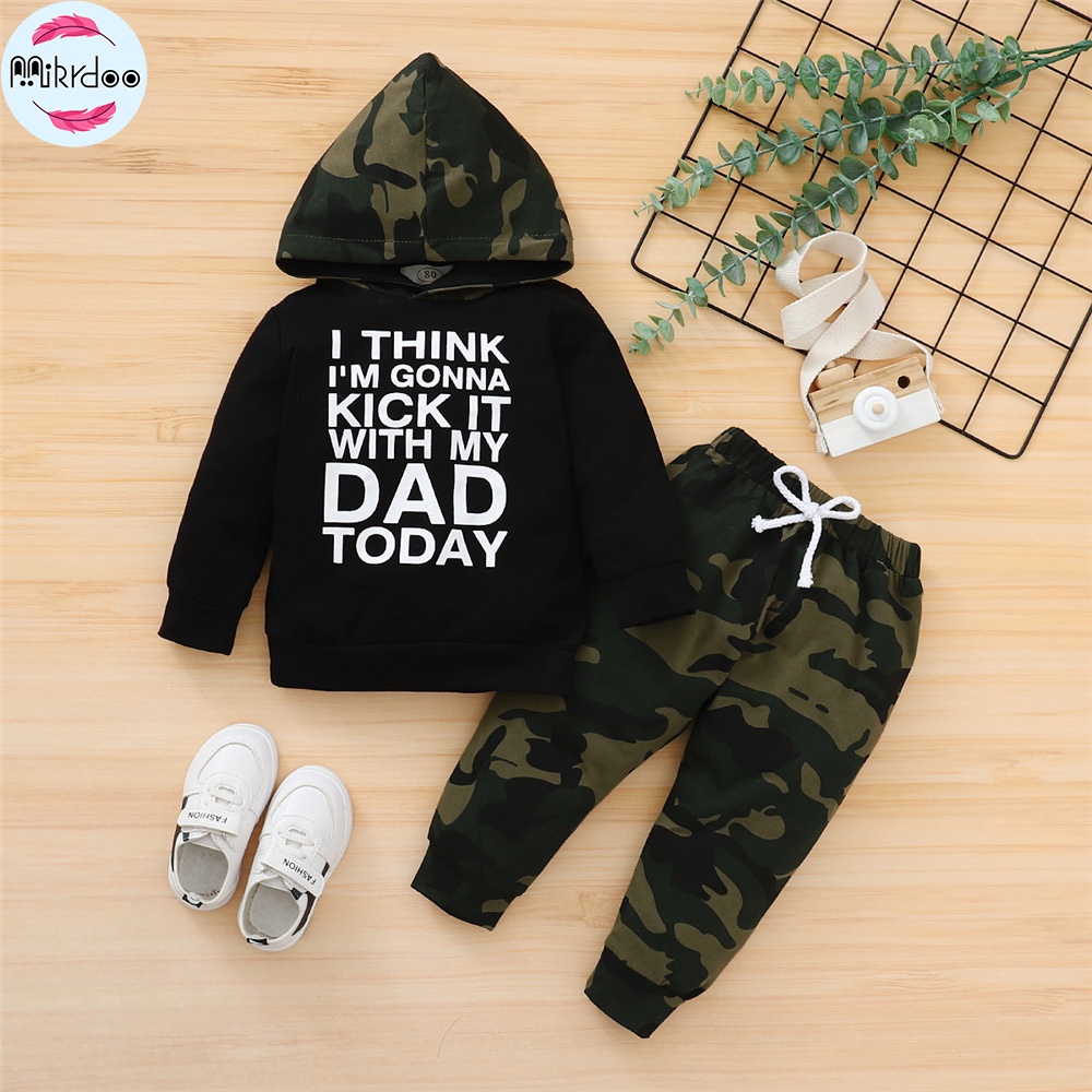 Trang phục Mikrdoo gồm áo hoodie tay dài in chữ và quần dài phong cách mùa thu cho bé trai 1-5 tuổi