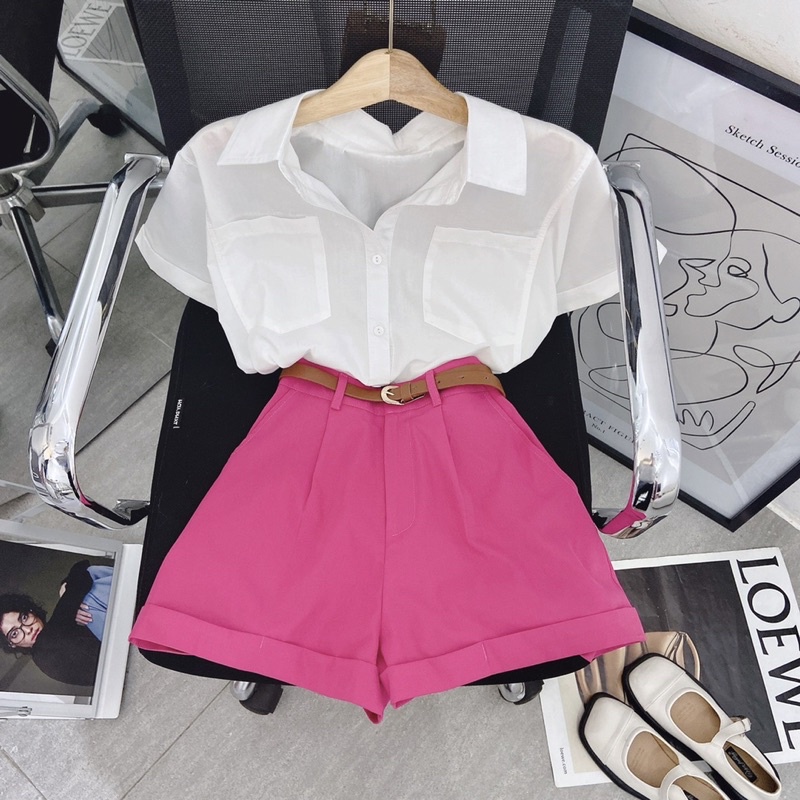 SET ÁO SƠ MI TRẮNG + QUẦN HỒNG + BELT