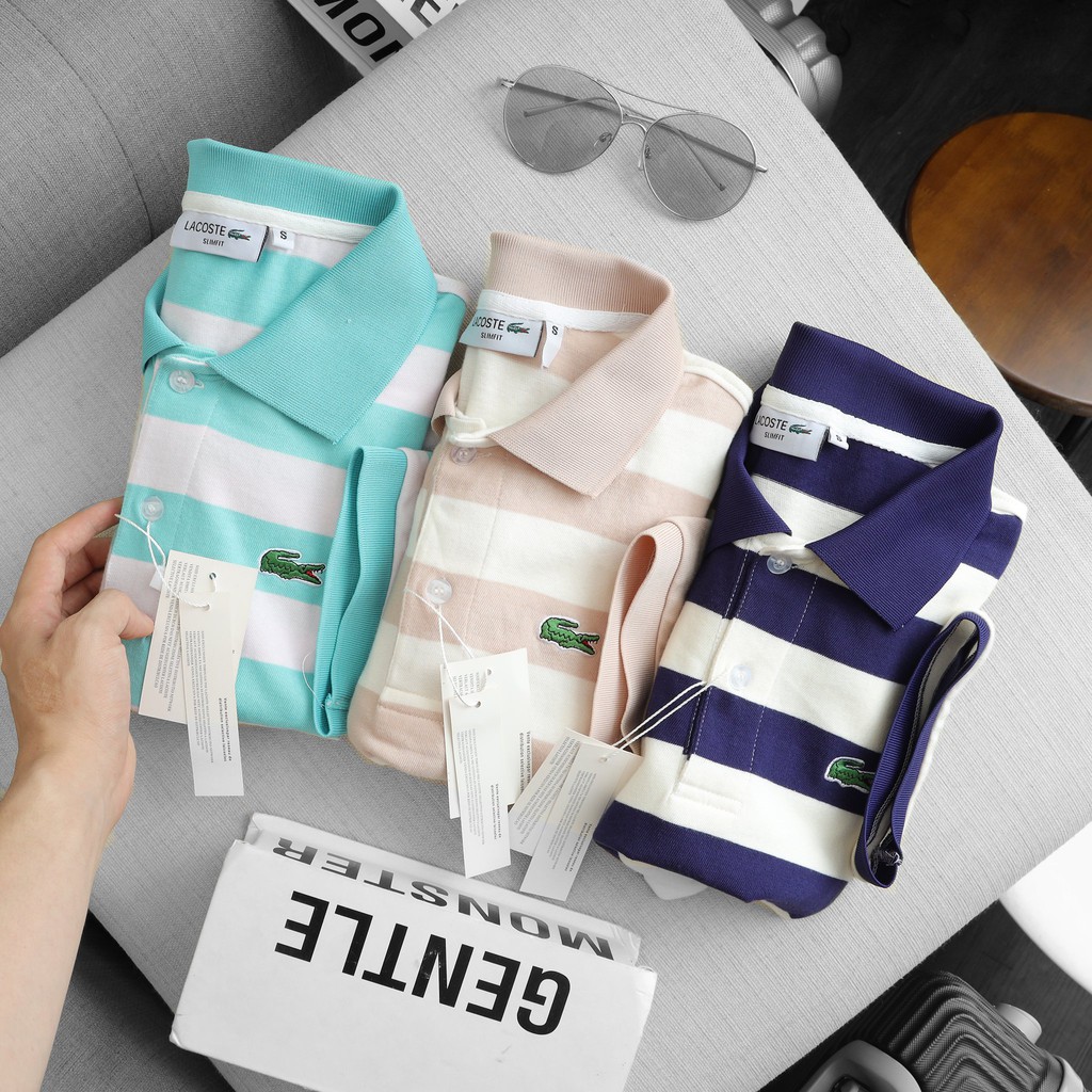 Áo thun polo Cá Sấu sọc ngang màu XANH ĐEN vải cotton The Men Show