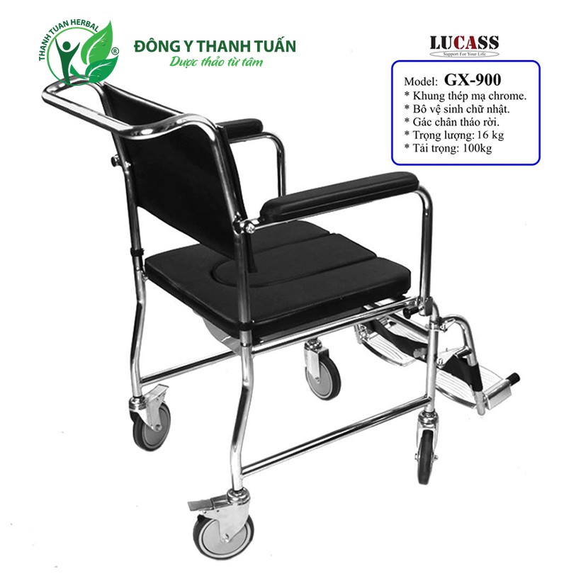 [Sẵn hàng] Ghế Bô Vệ Sinh Lucass GX-900 Có Đệm, Bánh Xe, Chỗ Gác Chân - Dùng Như 1 Chiếc Xe Lăn Đẩy Đơn Giản