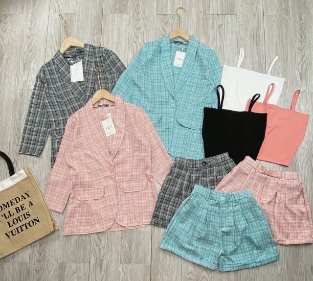 Sét bộ vest kẻ ba món kèm áo hai dây