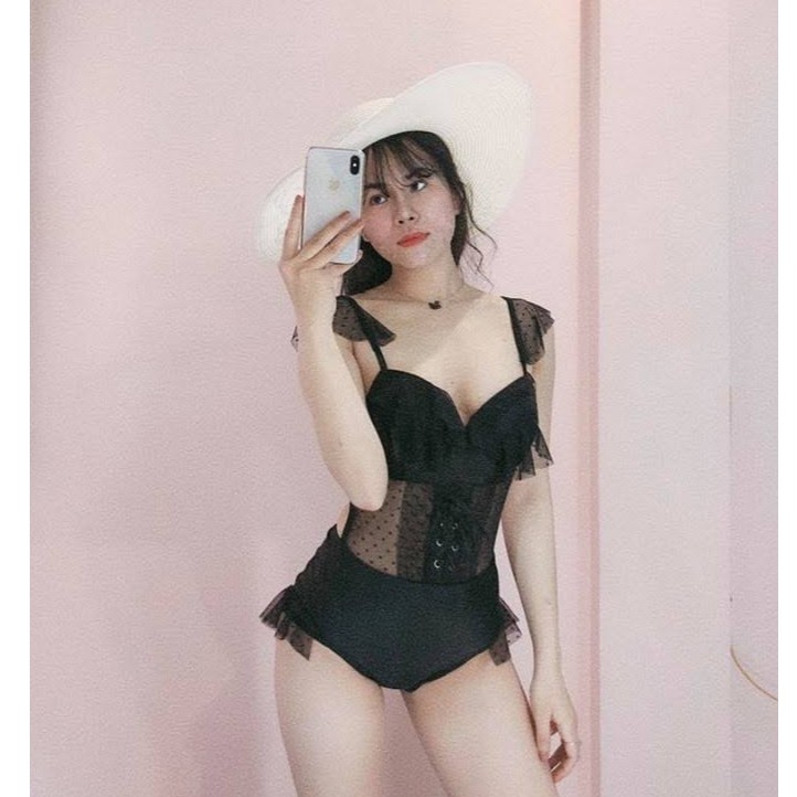 [Có sẵn] Bikini Đồ bơi Corset ren lưới chấm bi Sexy - BK1540
