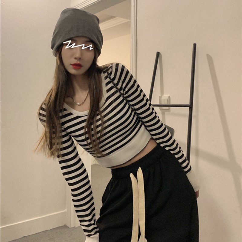 Áo len ZHELIHANGFEI tay dài họa tiết sọc ngang thời trang cho nữ