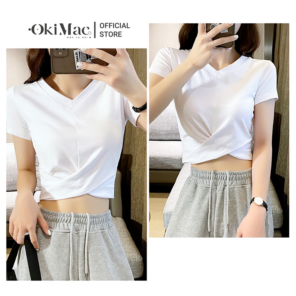 Áo croptop nữ cổ tim chữ v tay ngắn kiểu ôm body xoắn eo thun cotton phong cách ulzzang thời trang nữ OKIMAC | BigBuy360 - bigbuy360.vn