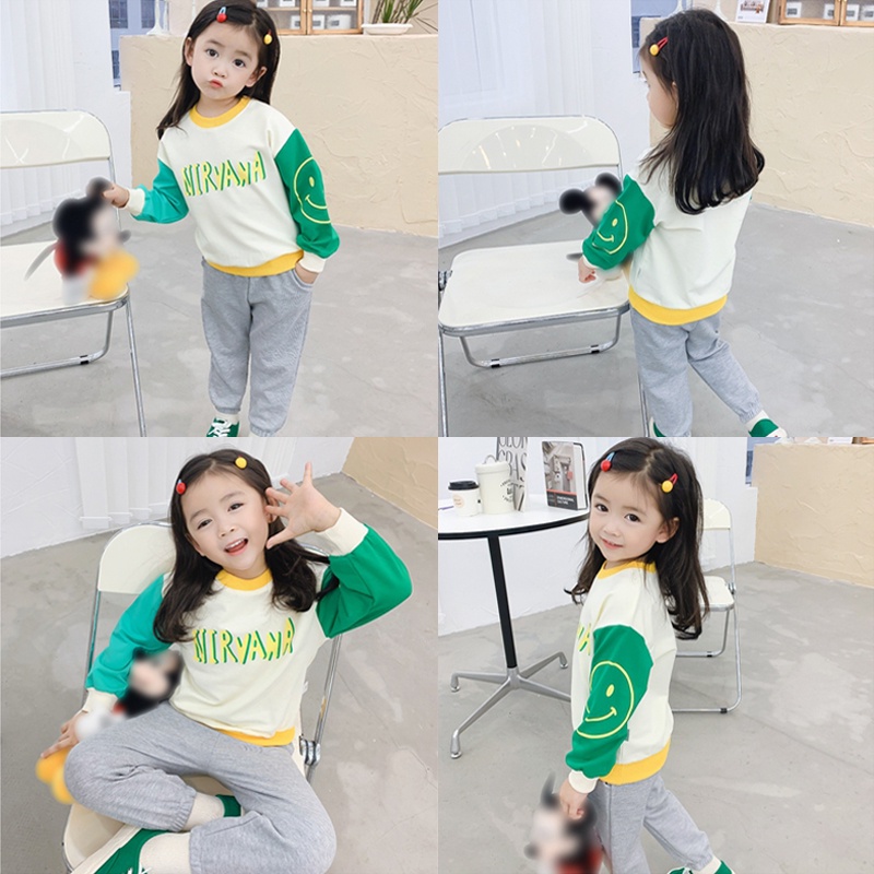 Bộ Đồ Thể Thao Hai Mảnh Áo Sweater Tay Dài In Hình Mặt Cười Màu Sắc Thời Trang Hàn Quốc Dành Cho Bé Gái