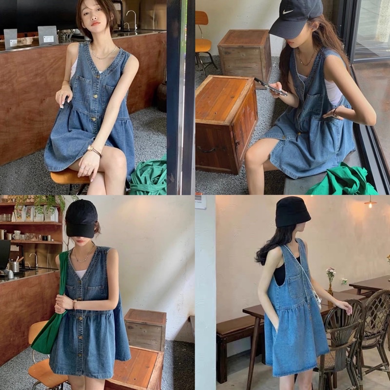 [Ảnh thật/Video]Váy Denim sát nách Dáng Rộng Phong Cách Cổ Điển Váy bò không tay Thời Trang Hàn