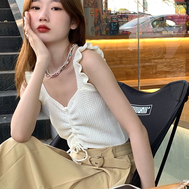 Thiết Kế Sense Niche Áo Dệt Kim Không Tay Phối Dây Rút Màu Trơn Dễ Phối Đồ Phong Cách Mới Cho Nữ