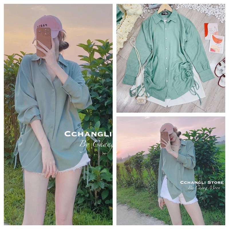 [ 𝐅𝐑𝐄𝐄 𝐒𝐇𝐈𝐏 ] SET SƠ MI XANH RÚT HÔNG MIX QUẦN SOOC TRẮNG HÀNG L1