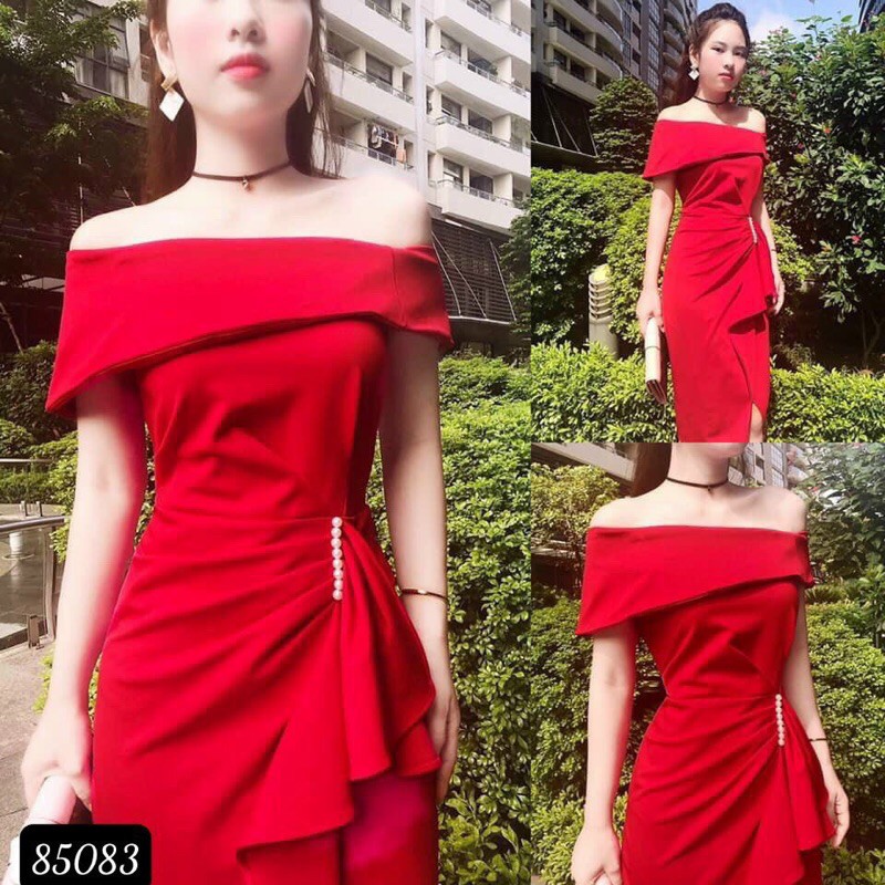 🍒Đầm dự tiệc body trễ vai tà xéo đắp phối bèo eo xếp li đính ngọc (Free/big size XL, 2XL)