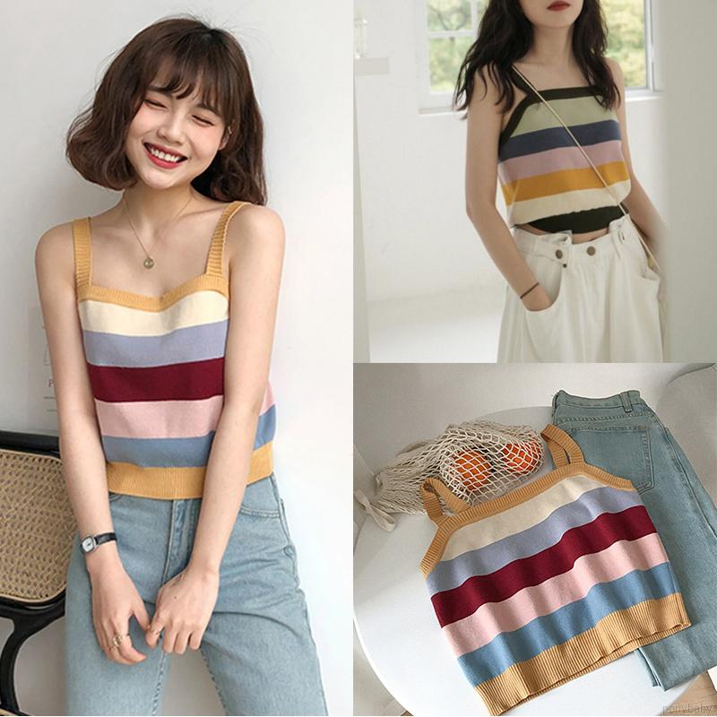 Áo dệt kim không tay phối hoạ tiết kẻ sọc ngang nữ tính | BigBuy360 - bigbuy360.vn
