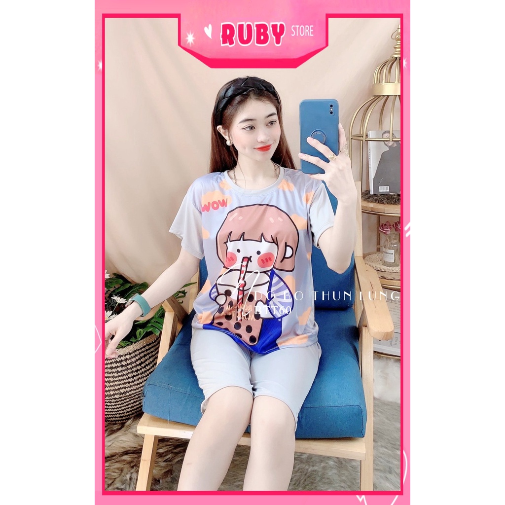 Đồ bộ nữ mặc nhà chất thun mềm mịn in hình bé trà sữa hoạt hình dễ thương Đồ bộ thun lửng BTT60