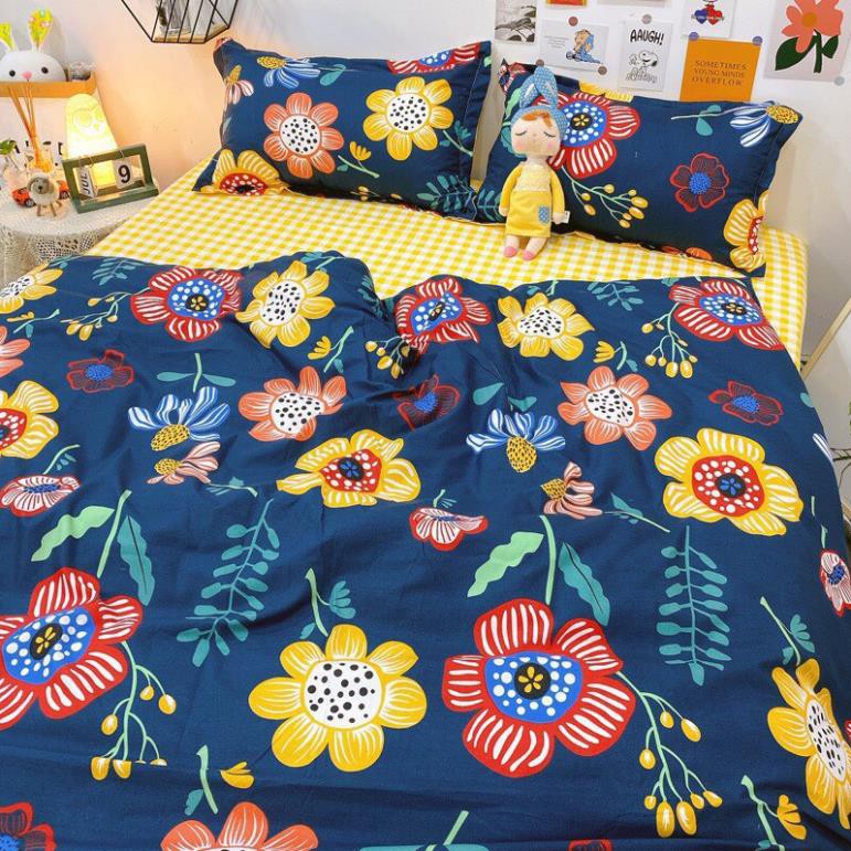 Chăn ga gối cotton poly Hoa Đen nhập khẩu bộ 4 món Chăn, ga , 2 vỏ gối Happy Bedding