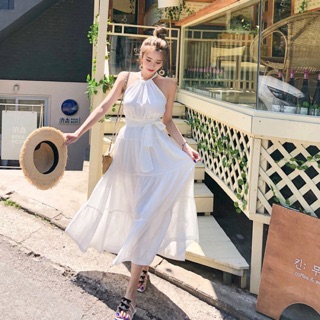 Đầm váy yếm maxi trắng tầng