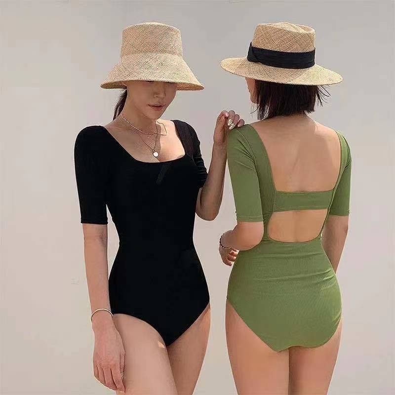 Bikini liền thân Đi Biển 2 Mảnh đồ bơi nữ liền thân tay ngắn khoét đồ bơi đen và xanh lá cây