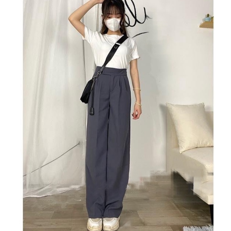 Quần tây ống rộng nữ cạp Dán lưng cao dáng dài chất vải màu đen dày dặn Quần tây nữ lưng cao đi học ống suông rộng đứng