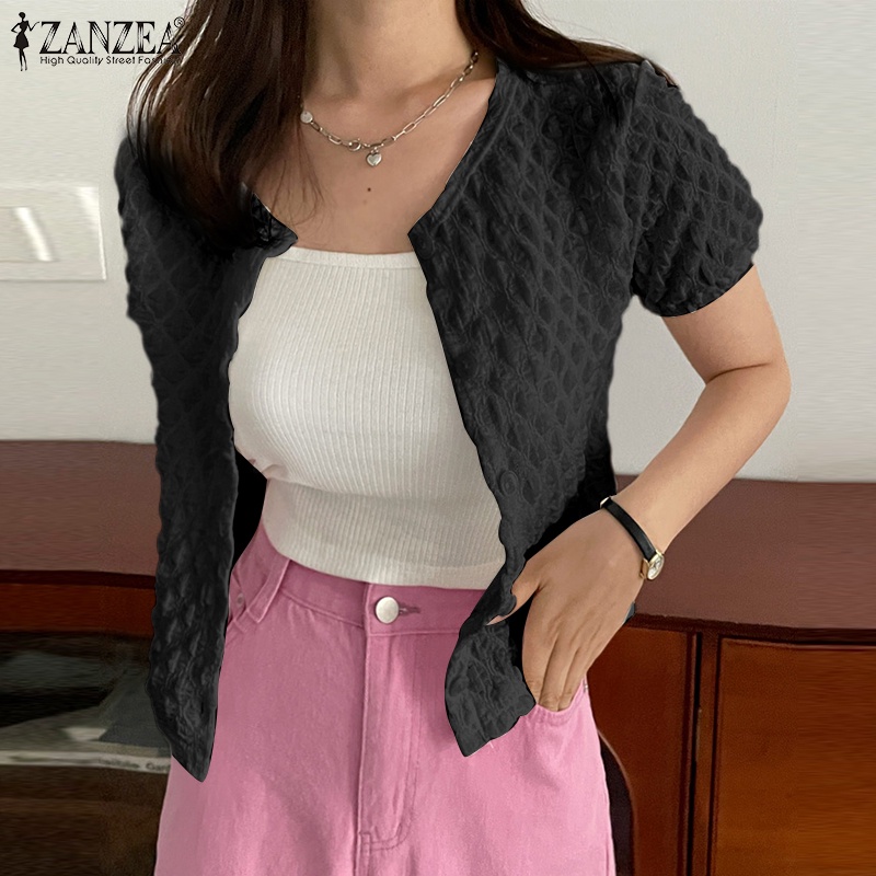 Áo ZANZEA ngắn tay cổ tròn họa tiết caro thời trang dành cho nữ