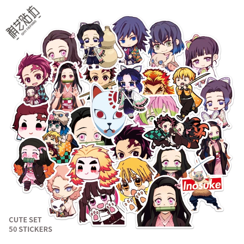 Miếng dán Sticker Anime Manga Kimetsu No Yaiba (Thanh gươm diệt quỷ) trọn bộ 150 hình - In rõ ràng sắc nét khó tróc