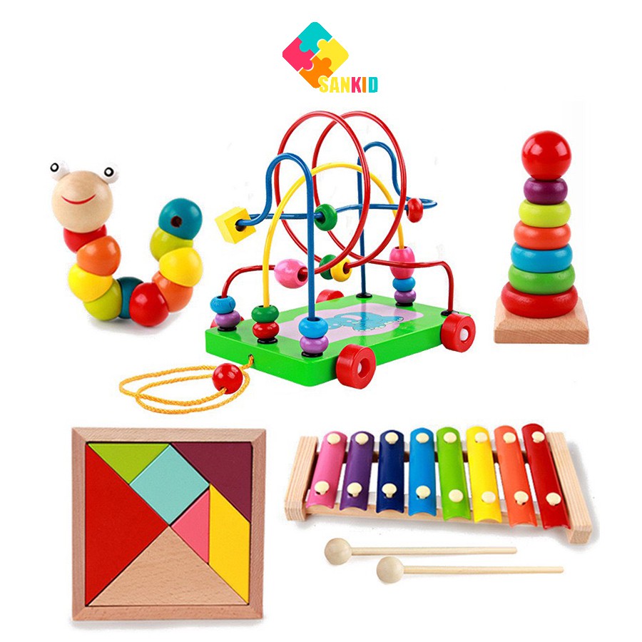 Combo đồ chơi gỗ 5 món đàn, sâu, tháp, luồn lớn, tangram