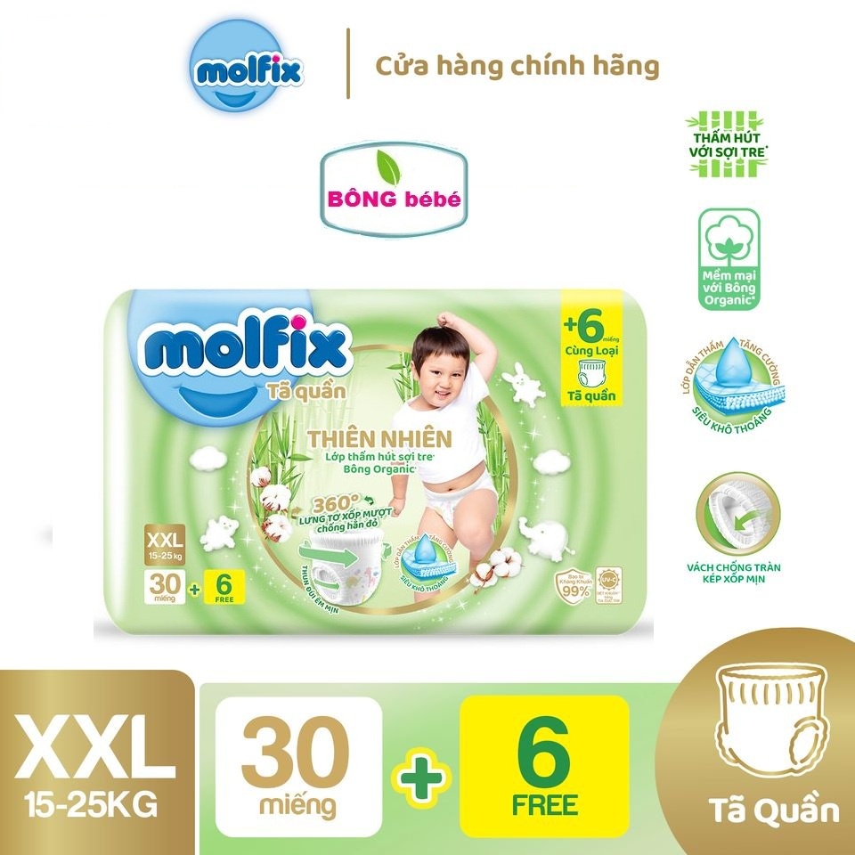 Tã quần Molfix thiên nhiên an toàn bông tự nhiên - Jumbo XXL (15kg - 25kg) - Gói 30+6 miếng