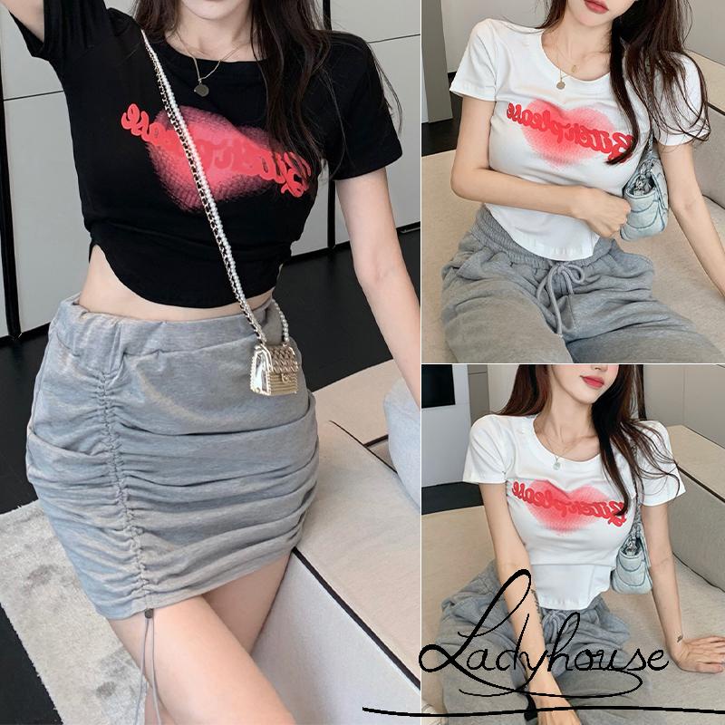 Áo Thun Crop Top Tay Ngắn Cổ Tròn In Hình Trái Tim Thời Trang Cho Nữ