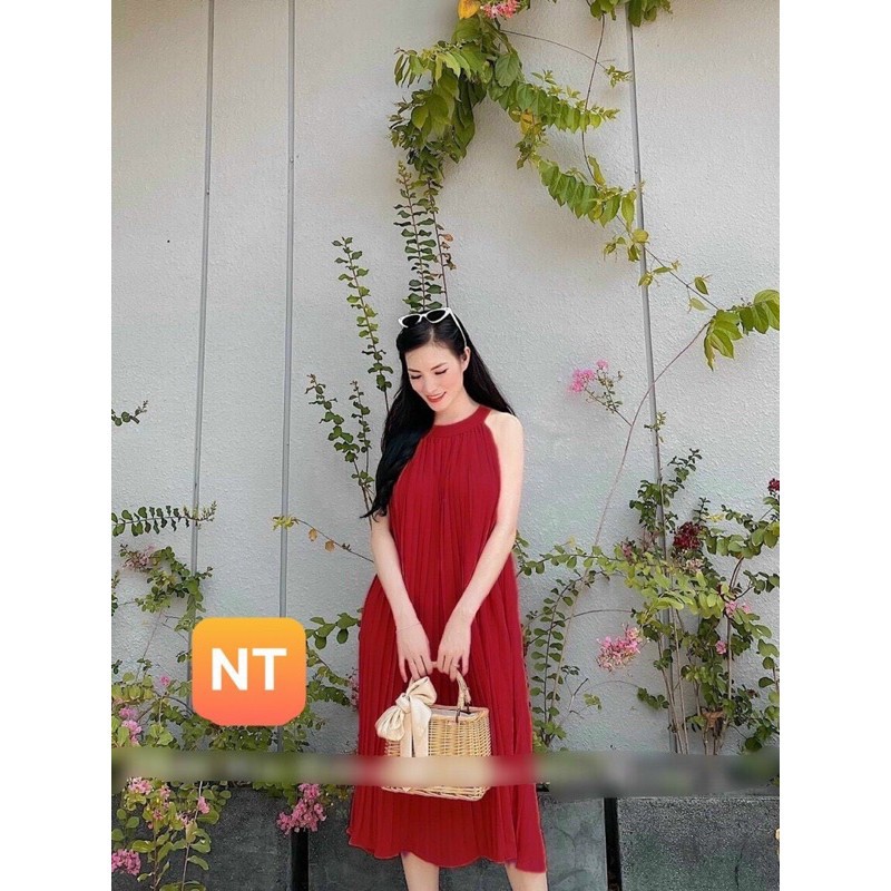Đầm maxi dập ly cổ yếm siêu đẹp hình thật đủ màu và video