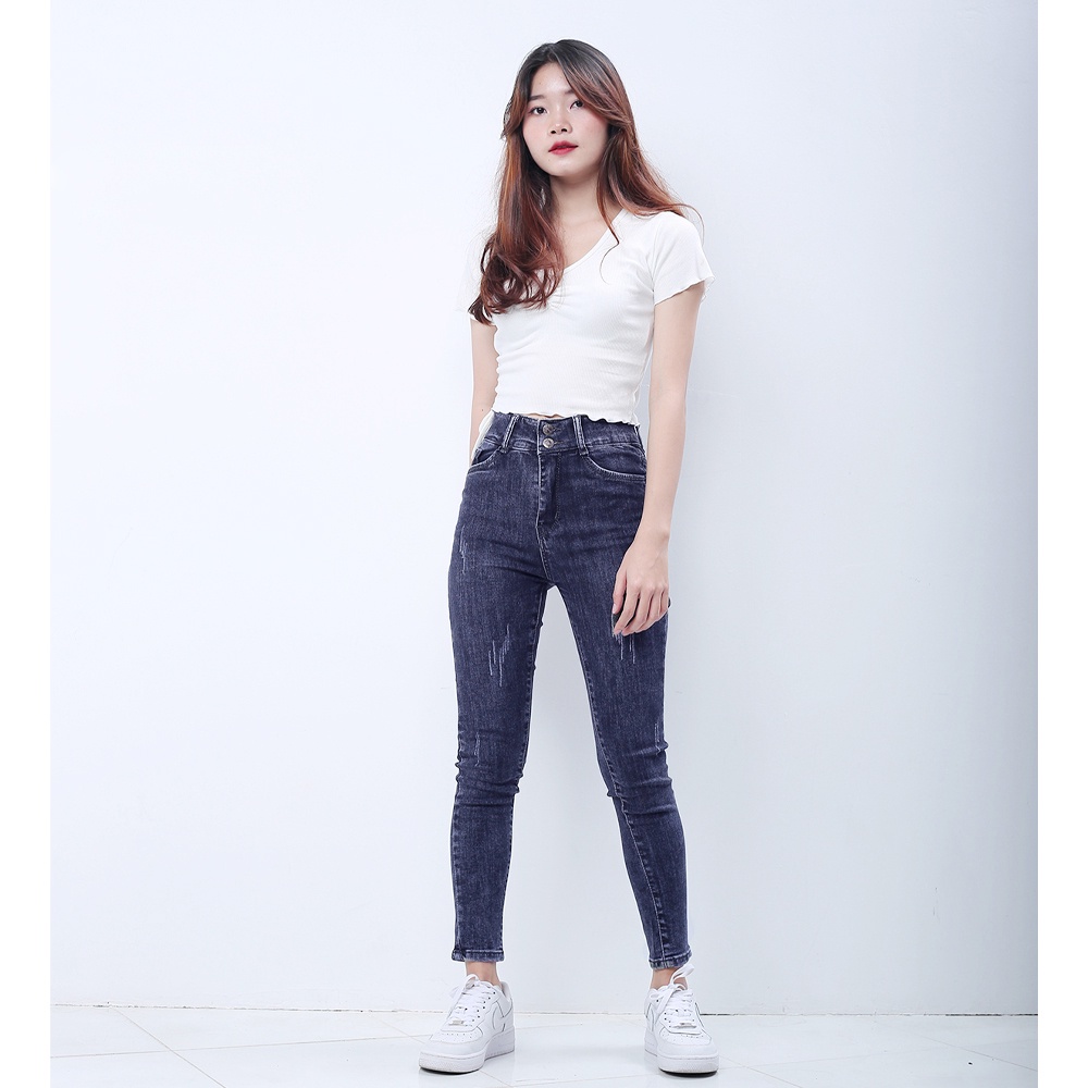 Quần jeans nữ co giãn SAIGONJEAN cạp siêu cao mài xước màu xanh xám QD038 phong cách trẻ trung năng động