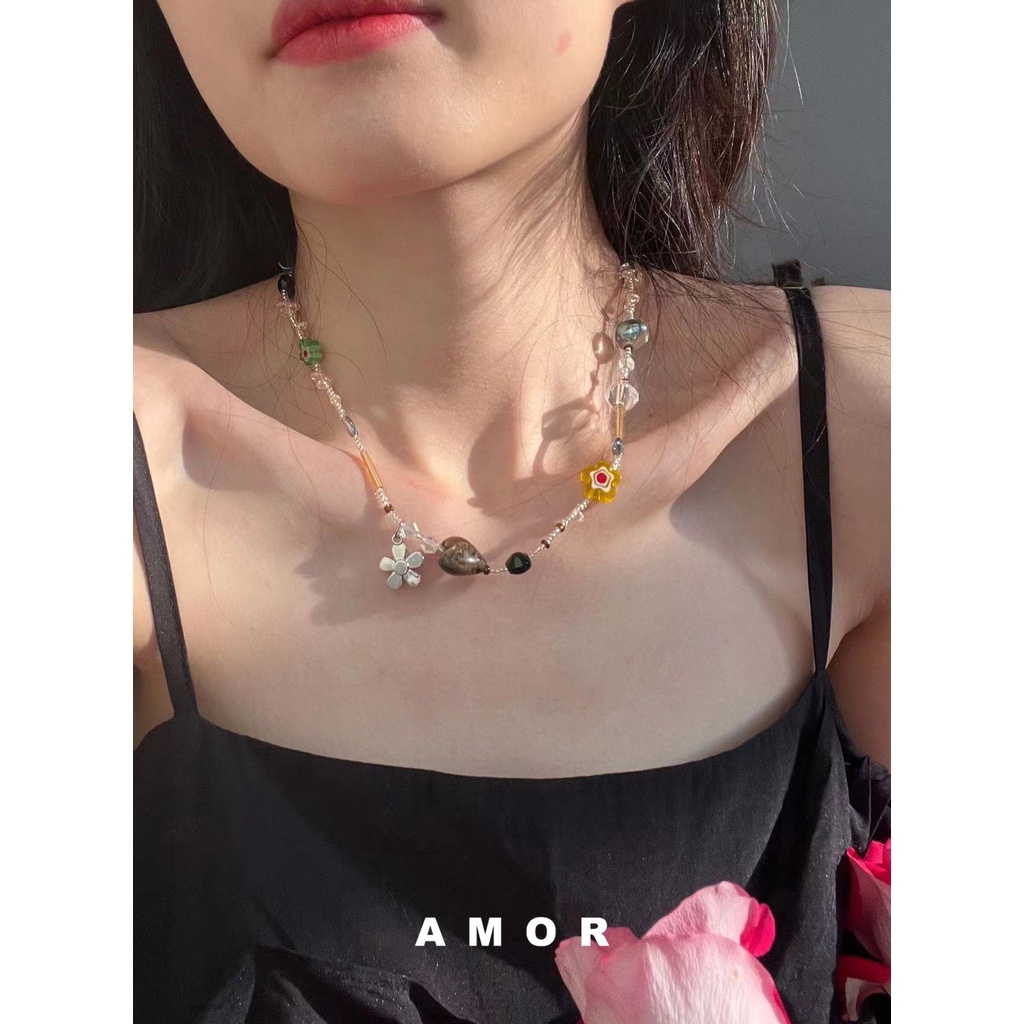 Vòng Cổ Xương Cổ Xương Thủy Tinh Mặt Trái Tim Thủ Công Vintage Mùa Hè Cho Nữ