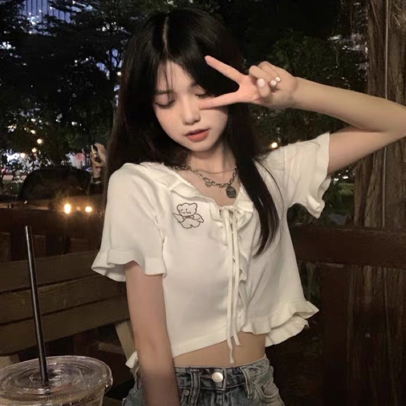 Áo croptop len cột dây dễ thương Áo thun dây chéo 🐻