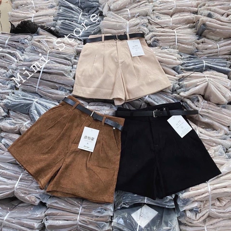 Quần short lưng cao nhung tăm nữ kèm đai thời trang nữ